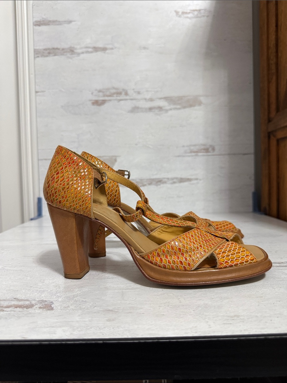 BCBG Women’s Orange Patterned Leather High-Heel Sandals